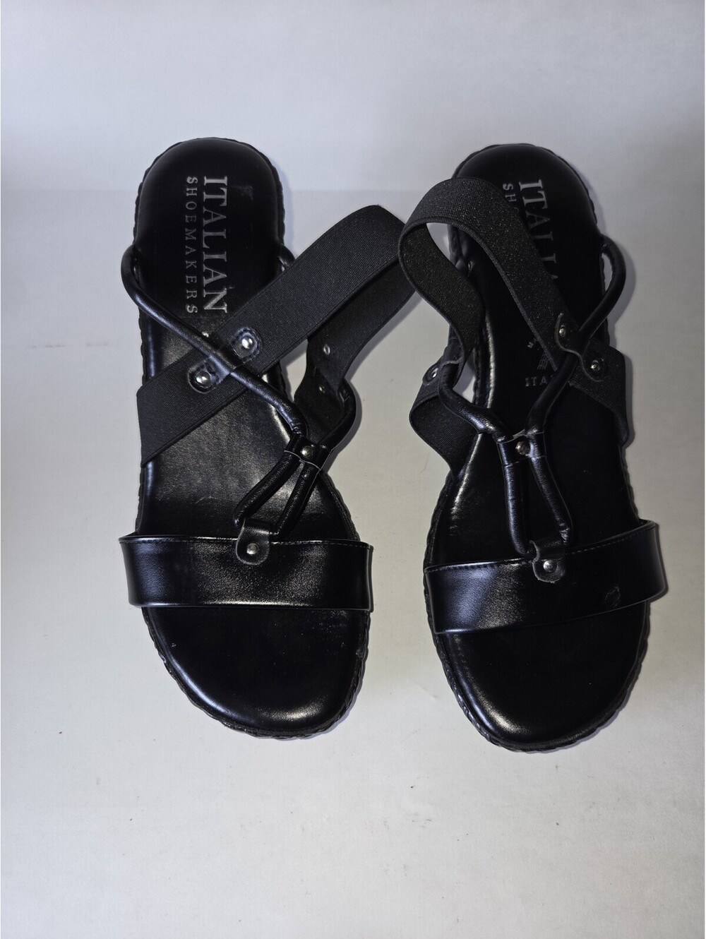 Womens Italian Shoemakers Black Strappy Sandal Slide Shoe 2 1/2” Wedge Sz 8 SB1